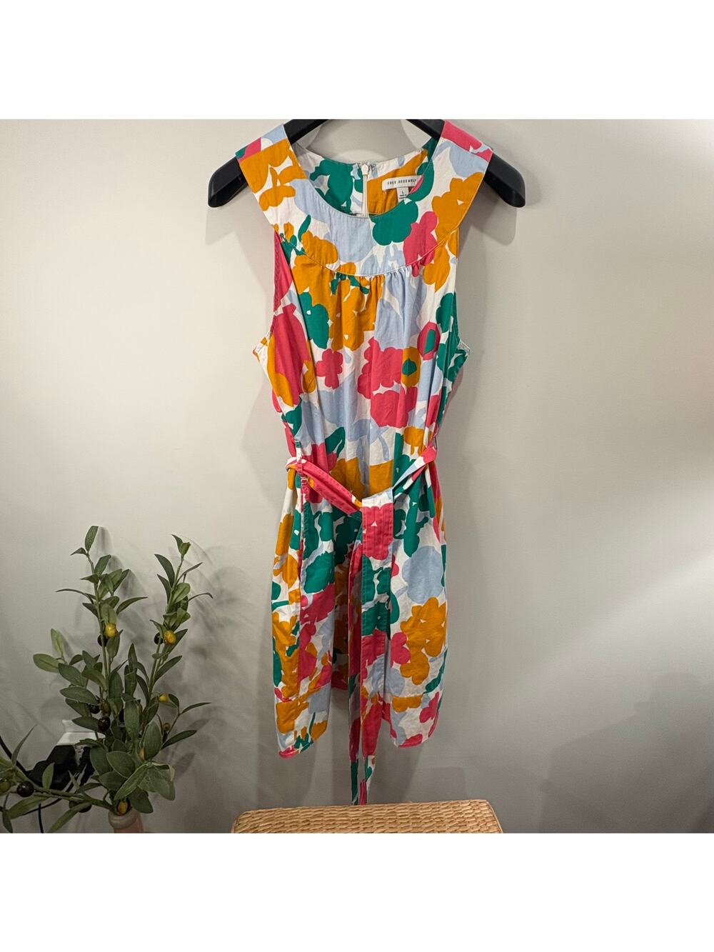 Vibrant Pink Yellow Blue Green White Floral Belted Mock Neck Summer Sun Dress L